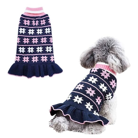 Dog Sweater Dress Dark Blue & Pink Sz L - Picture 1 of 5